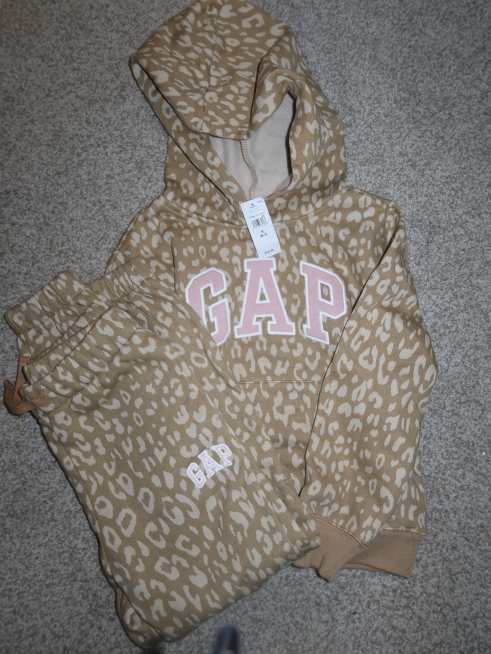 NWT GAP Girls Leopard Hoodie – Tan/Pink Logo Sweatshirt – Size S (6–7)